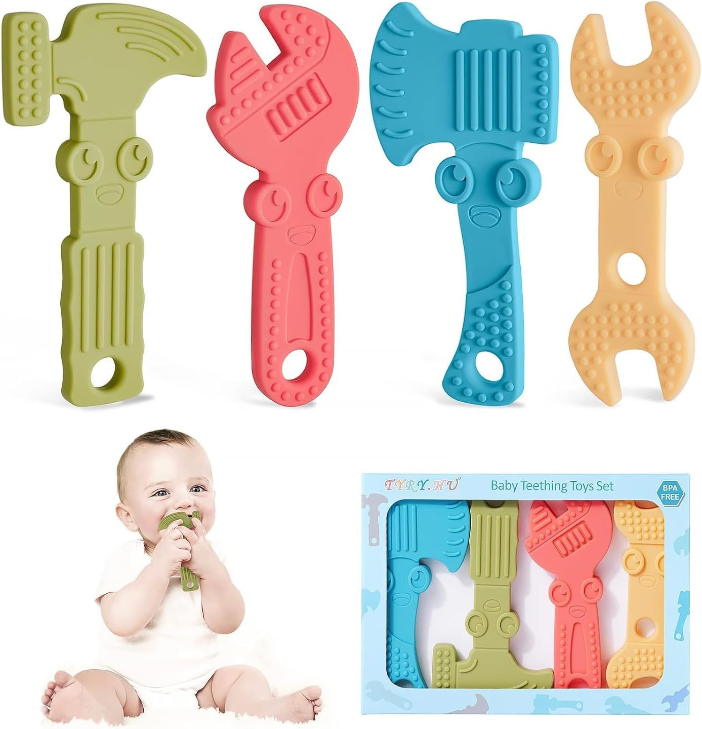 TYRY.HU baby teething toys front view showing four colorful silicone tool teethers for infants.