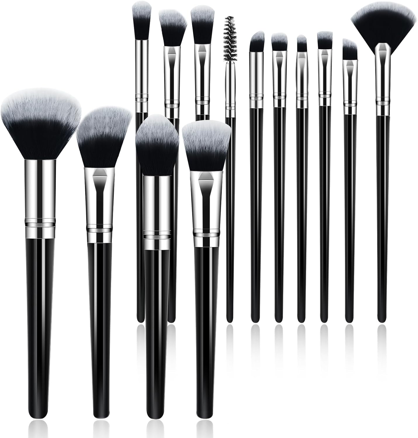 Soyok premium synthetic fourteen piece makeup brush set front view featuring black handles and silver ferrules.