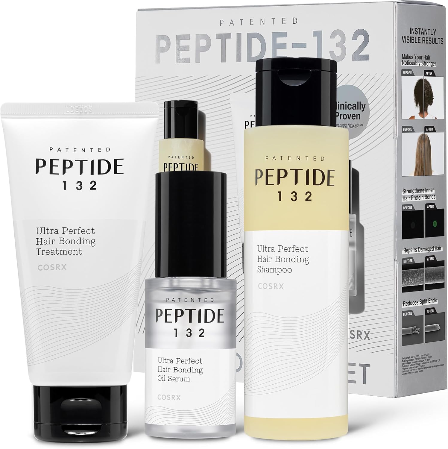 COSRX Peptide 132 Hair Care Kit front view showing the shampoo treatment and oil serum bottles for bond repair.
