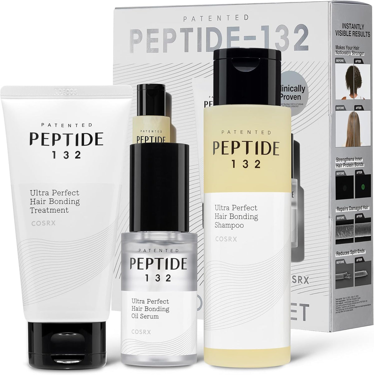 COSRX Peptide 132 Hair Care Kit front view showing the shampoo treatment and oil serum bottles for bond repair.
