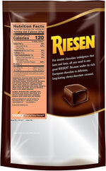 Close up view of individually wrapped Riesen dark chocolate covered caramel candy pieces