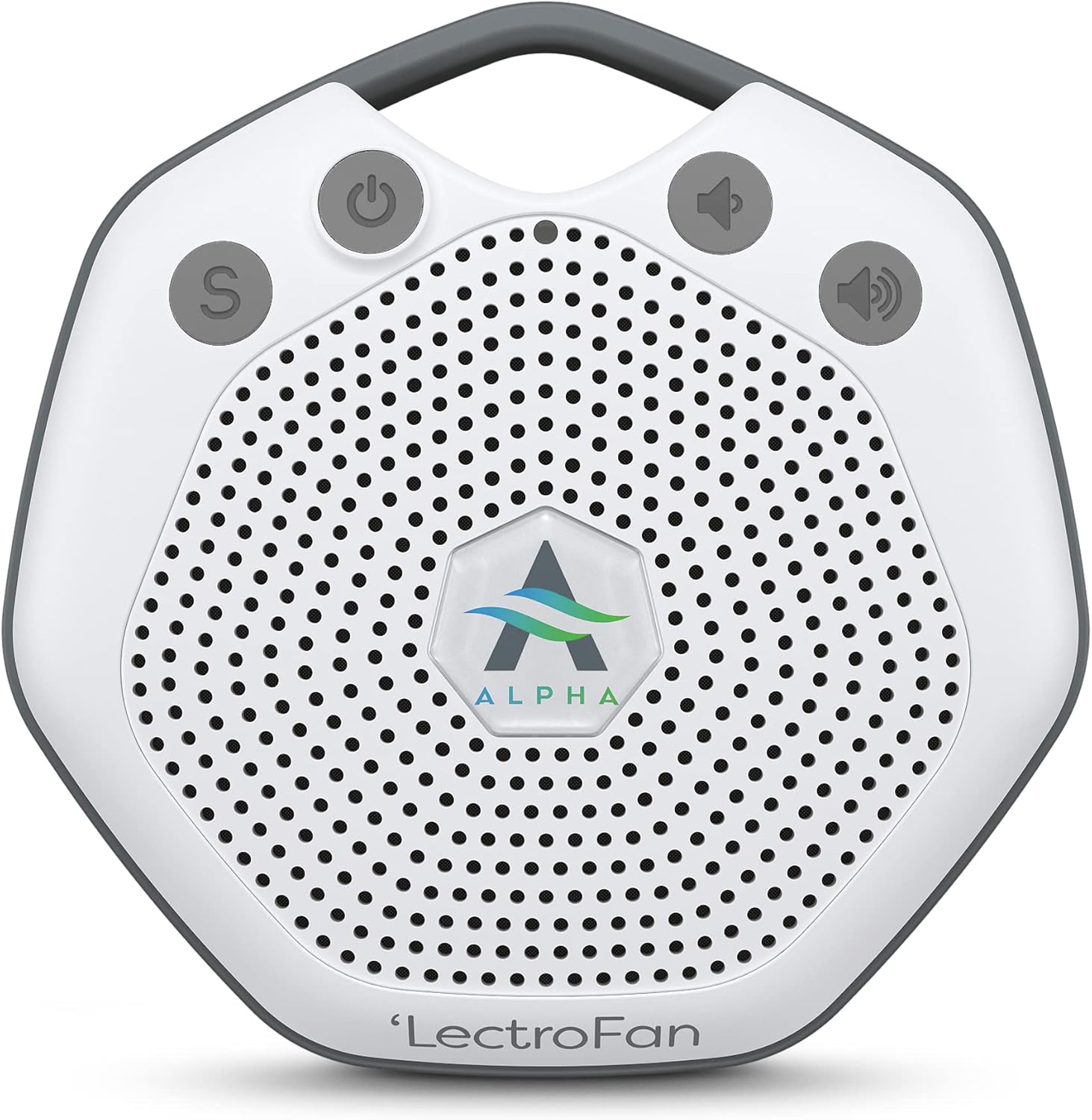 Adaptive Sound Technologies LectroFan Alpha portable white noise machine front view showing speaker grille and control buttons
