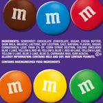 Back of M&M'S Dark Chocolate sharing size bag with nutrition facts and ingredients list visible