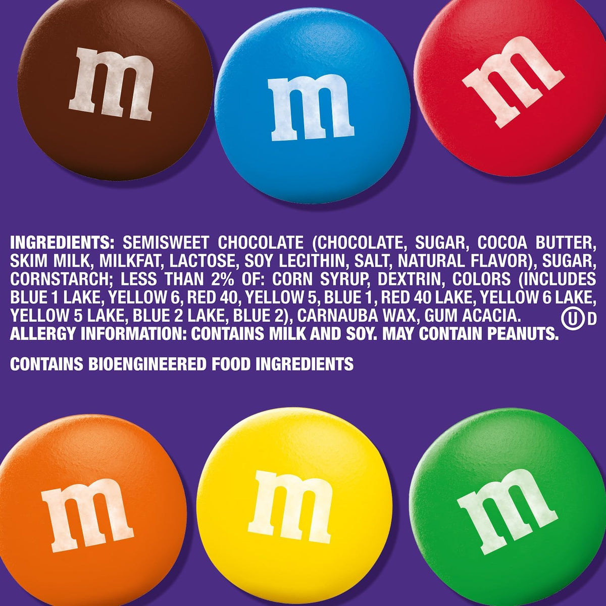 Back of M&M'S Dark Chocolate sharing size bag with nutrition facts and ingredients list visible