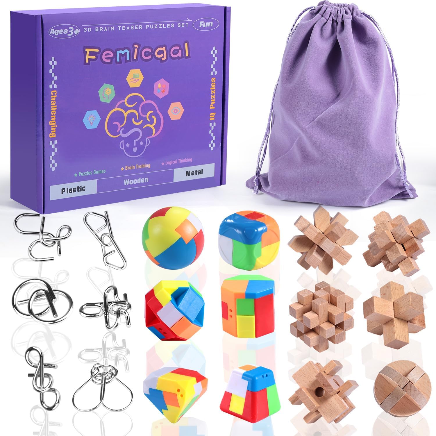Femicgal brain teaser puzzles front view of eighteen piece educational toy set.