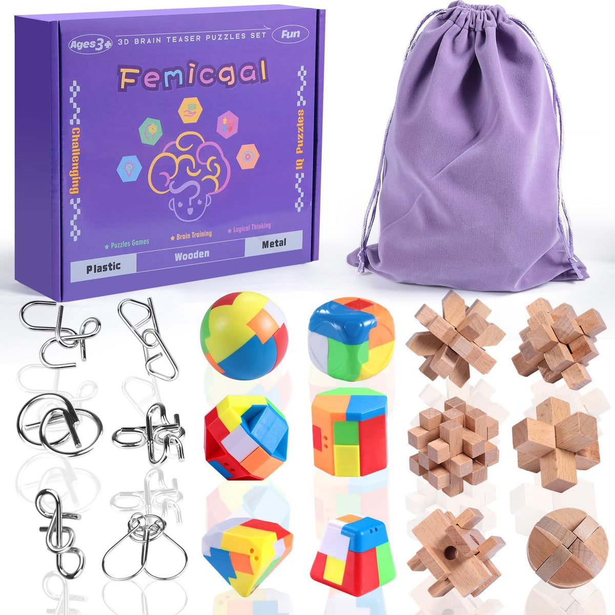 Femicgal brain teaser puzzles front view of eighteen piece educational toy set.