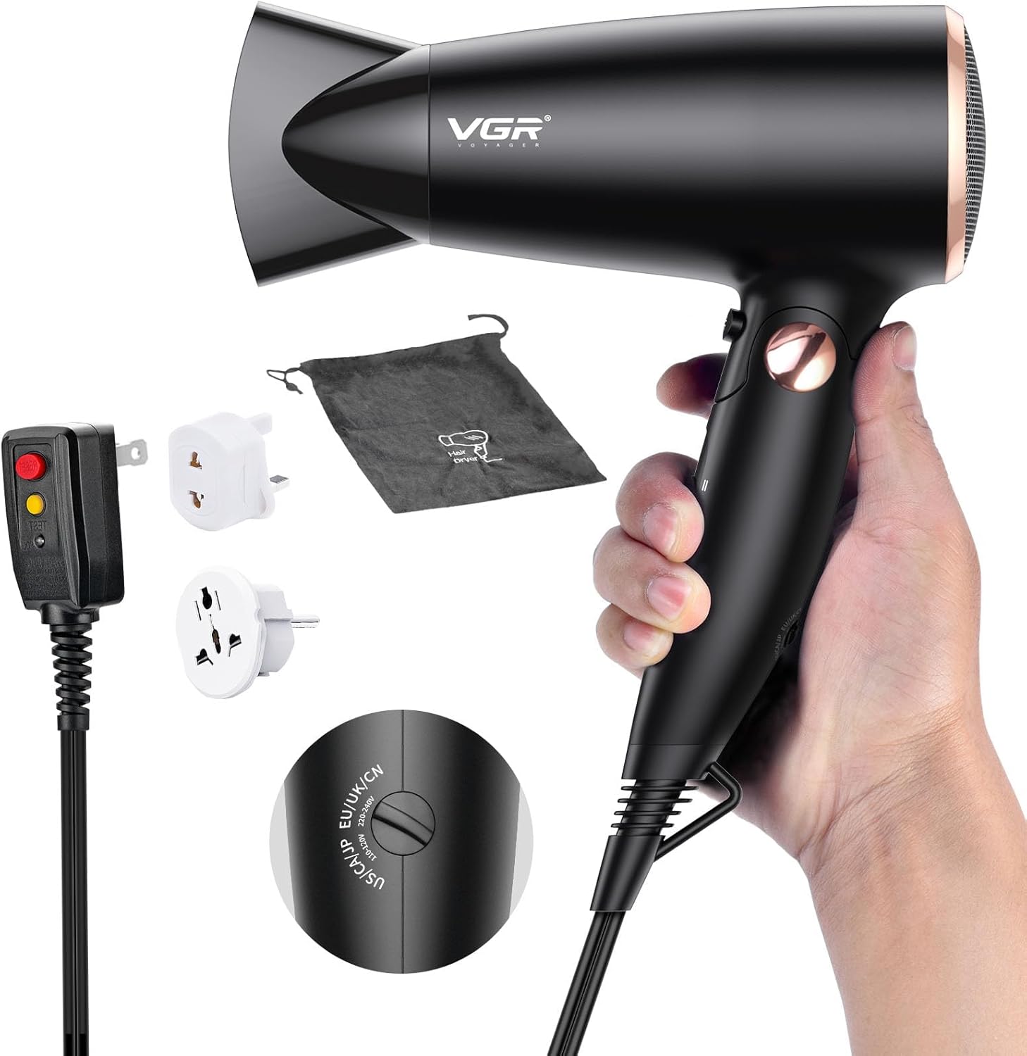 VGR dual voltage travel hair dryer front view showing the sleek black finish and attached concentrator nozzle.