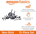 Amazon Basics black fry pans and saucepans with glass lids