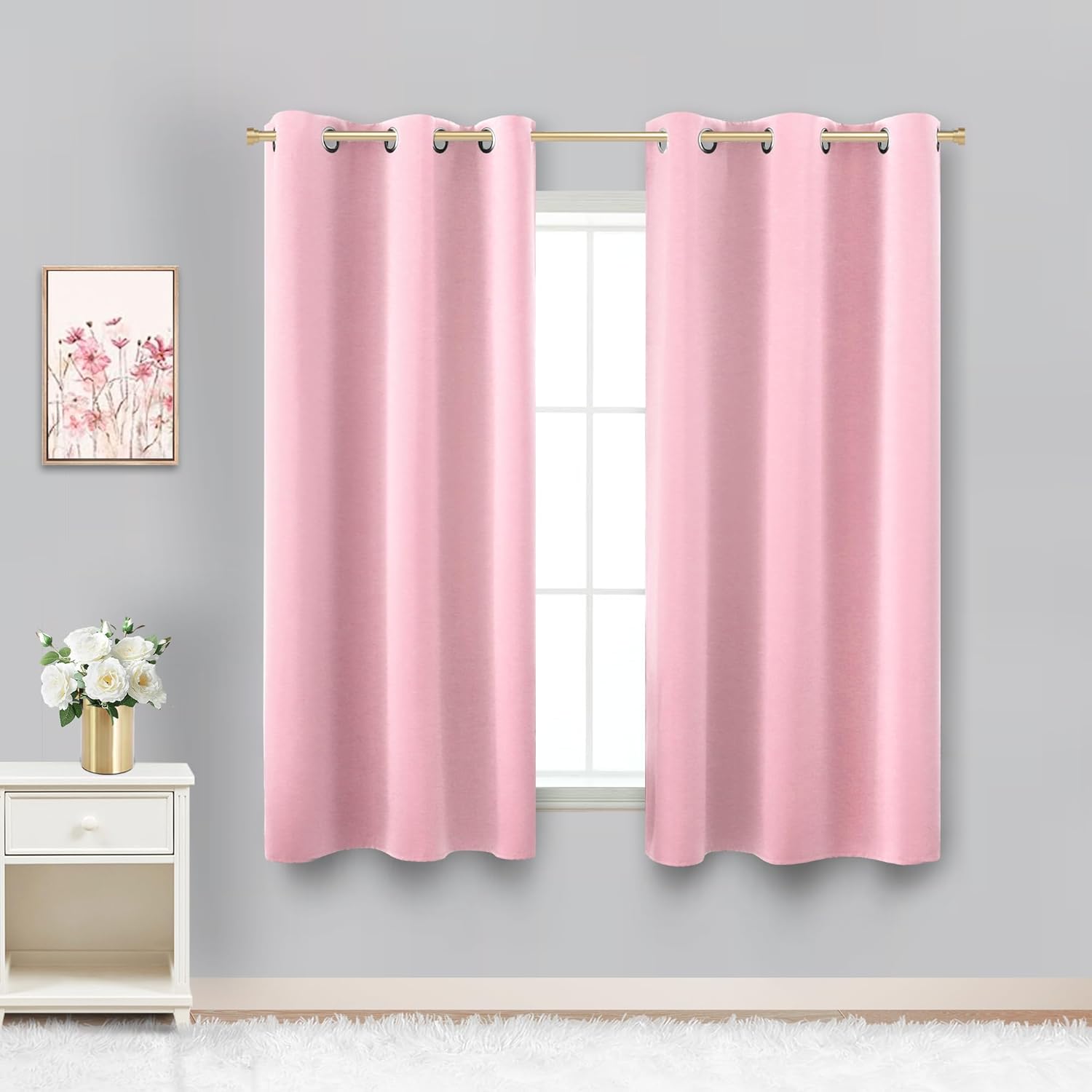 KOUFALL pink short blackout curtains front view for nursery window decor