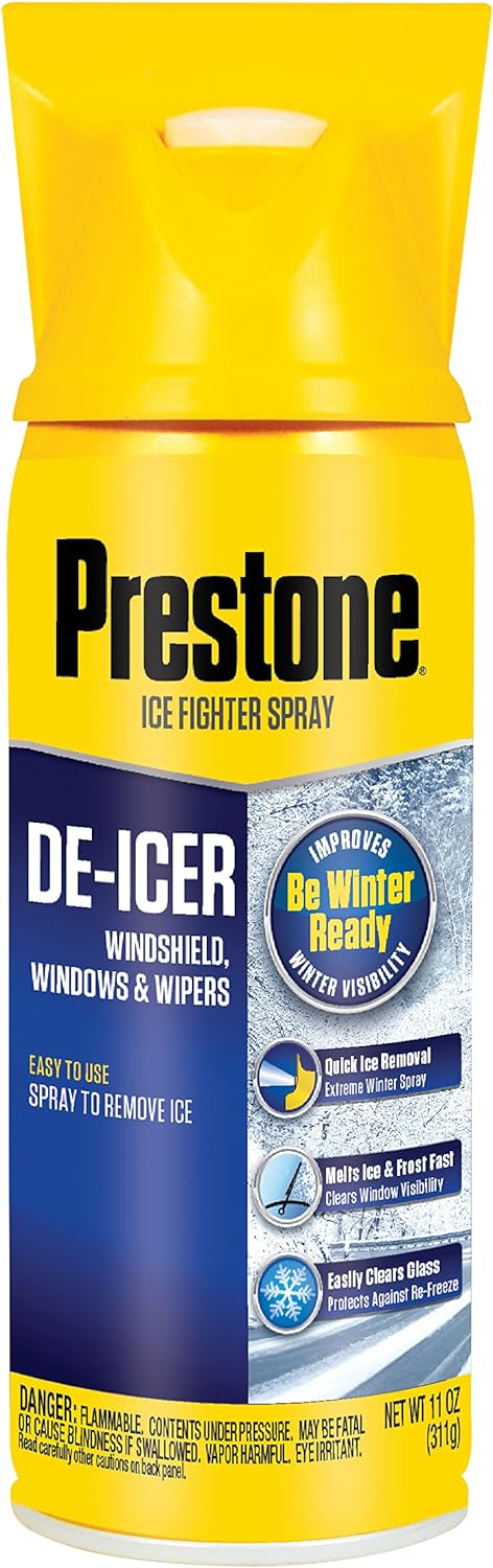 Prestone Windshield De Icer aerosol can front view showcasing the high performance ice melting formula.