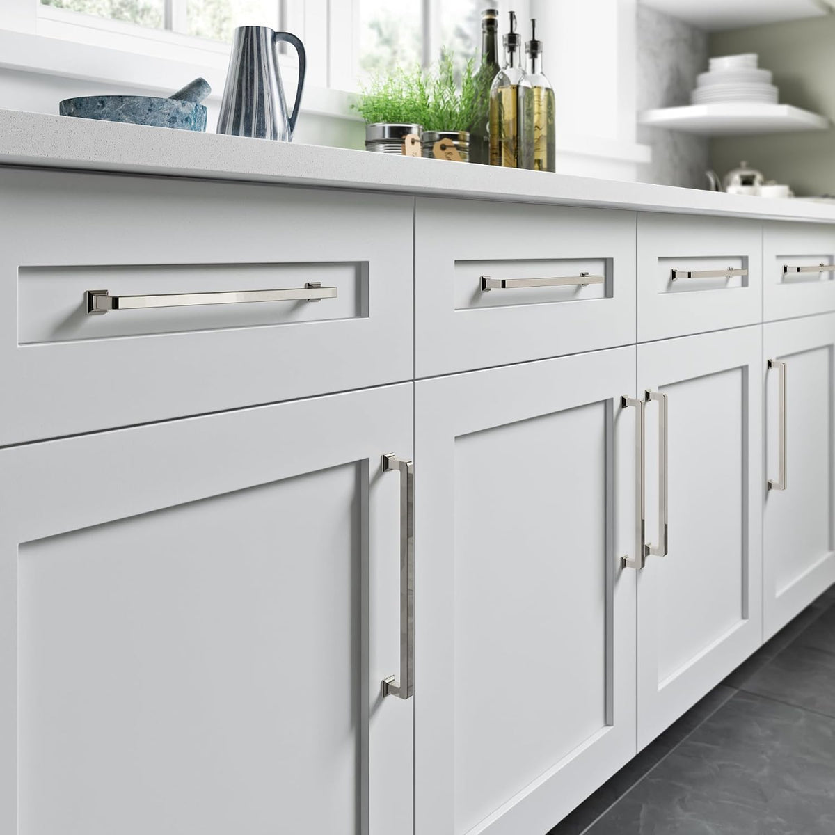 Top Knobs 9 inch center to center pull installed on kitchen drawer