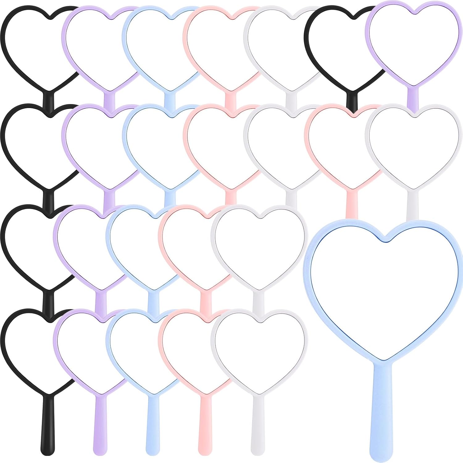 Threehoney 25 Pieces Heart Shaped Handheld Mirror front view showcasing the variety of five pastels and classic colors.