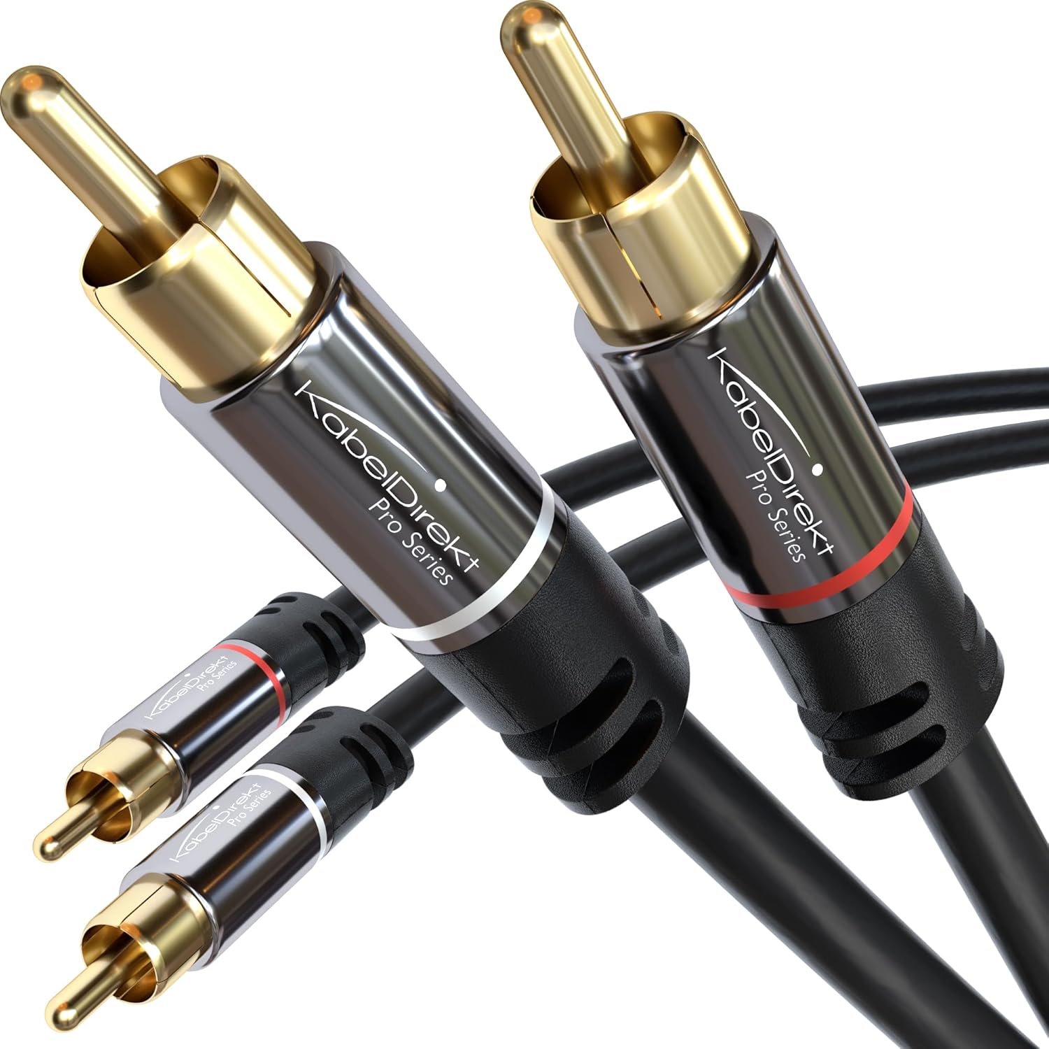 KabelDirekt Pro Series RCA stereo audio cable front view showing dual male gold-plated connectors.