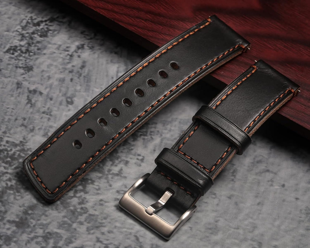 Hemsut H replacement watch strap paired with stainless steel buckle.