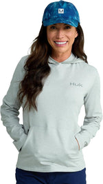 HUK Women's Coldfront+ Pullover Hoodie brand logo detail