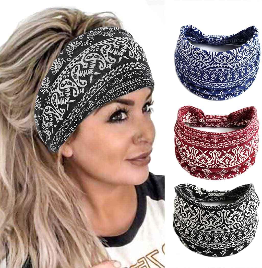 Boho Bandeau Headbands Wide Knot Hair Band Stretch Turban Head Wraps Fashion Hair Accessories for Women 3 Pcs (Elegant) - Image 13