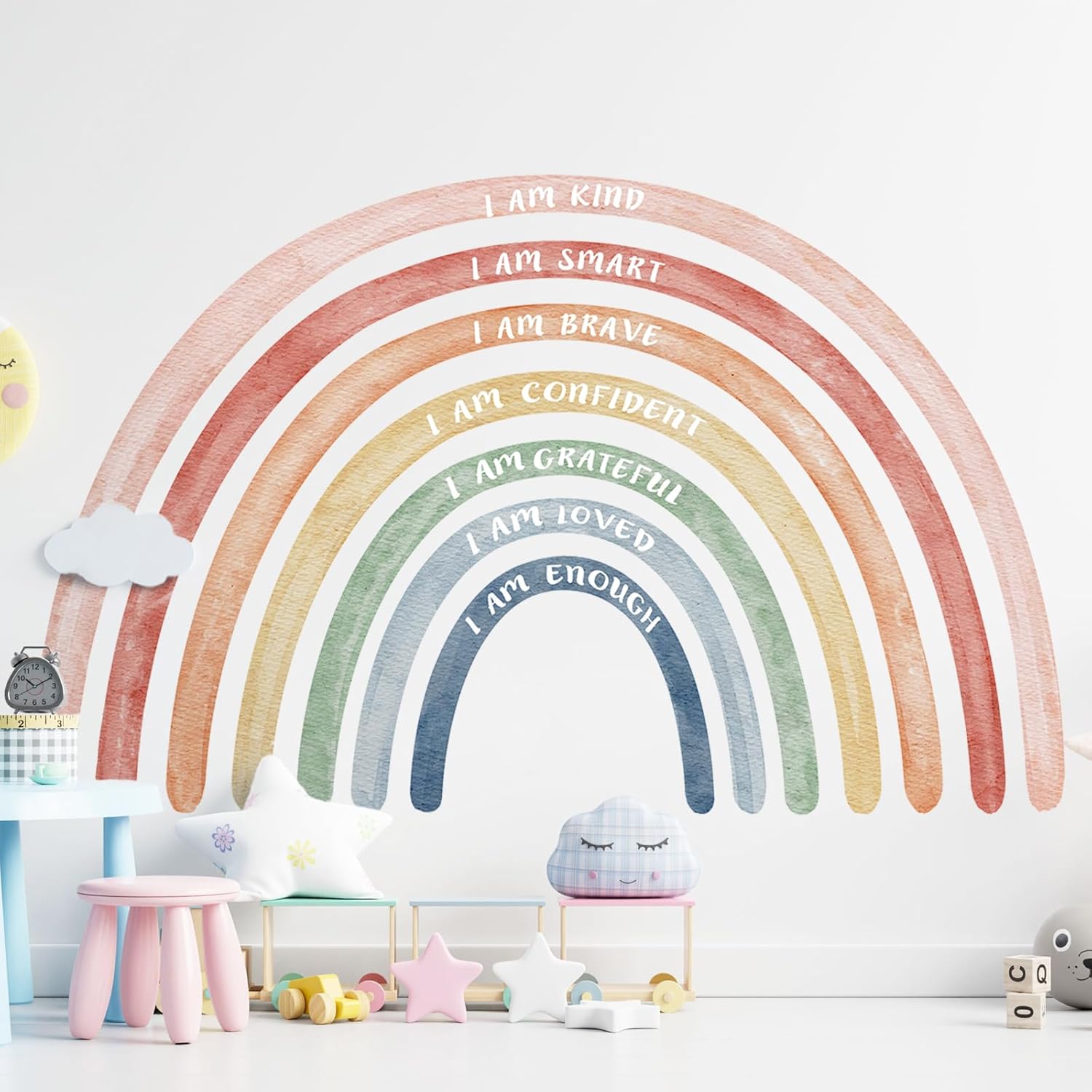 Tinideya watercolor large rainbow wall decal front view in a decorated nursery room