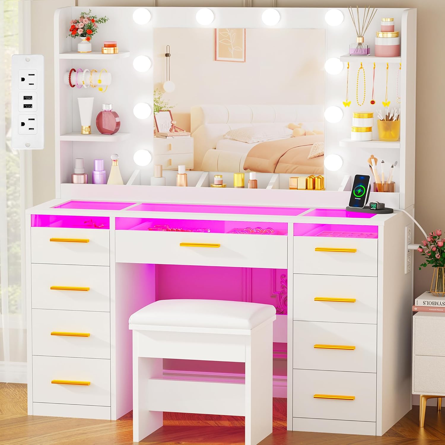 ANWBROAD makeup vanity desk with mirror and lights front view in a white bedroom setting.