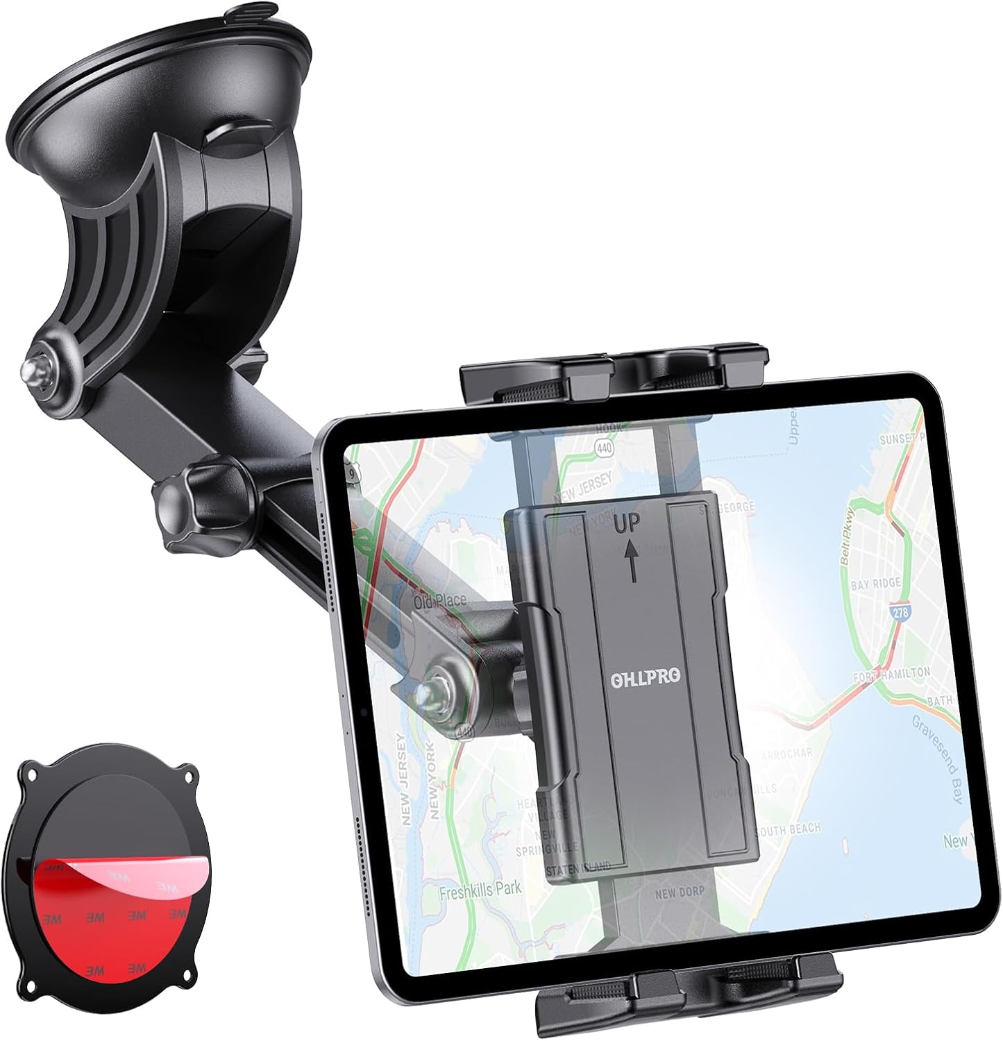 OHLPRO gooseneck tablet mount for car front view displaying adjustable clamp structure