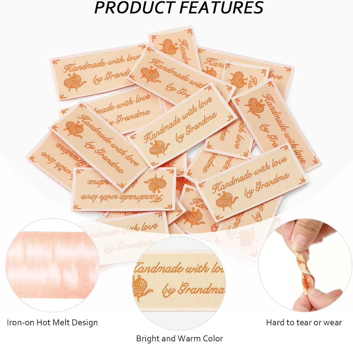 Ysleen sewing labels showing Handmade with Love text and color detail
