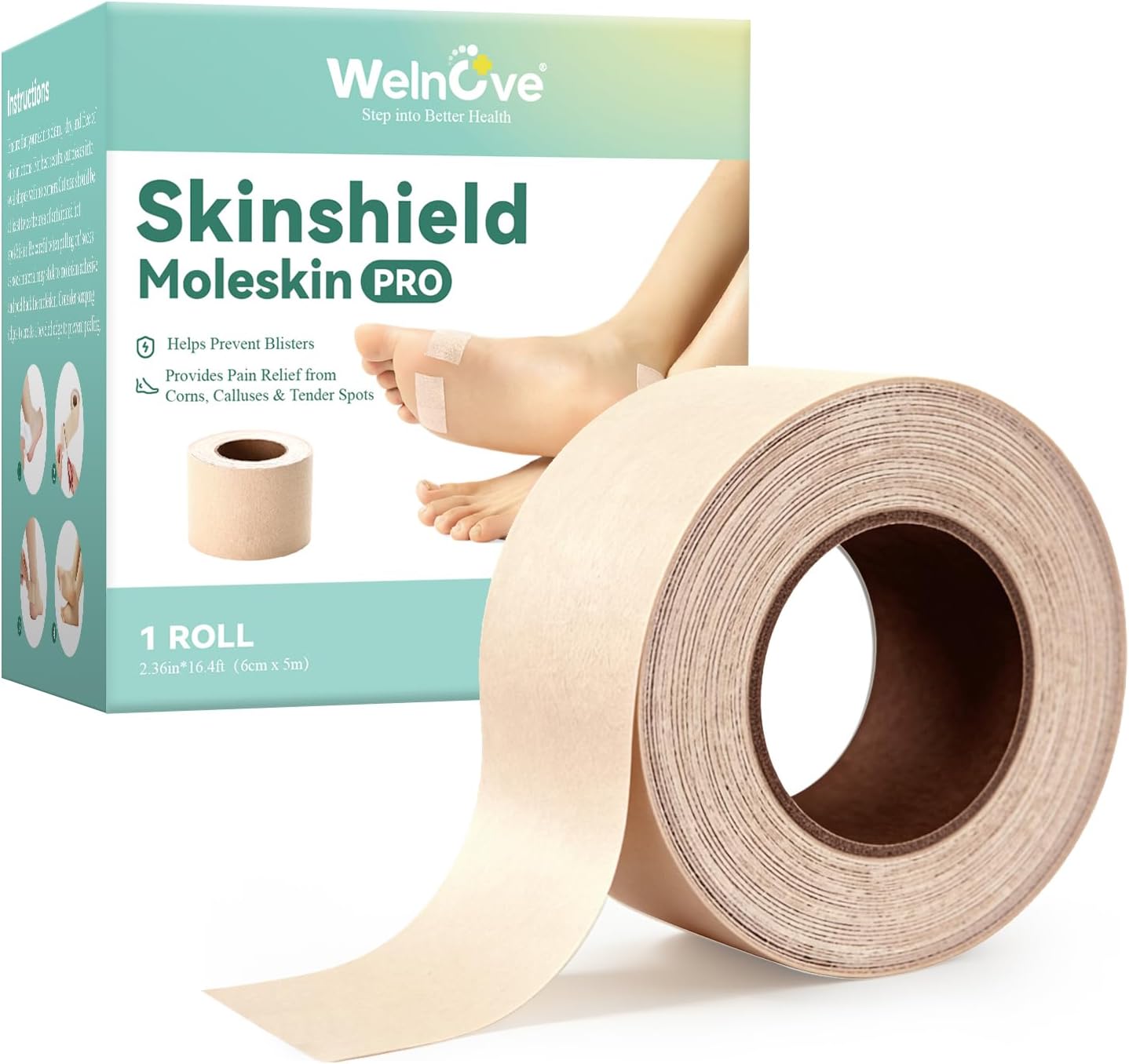 Welnove Moleskin for Blister Prevention, 2.36 in x 16.4ft (465 sq in), Moleskin Tape, Athletic Tape for Running, Hiking, Walking - Single Roll - Image 1
