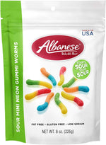 Albanese sour mini neon gummy worms sweet and tart candy display