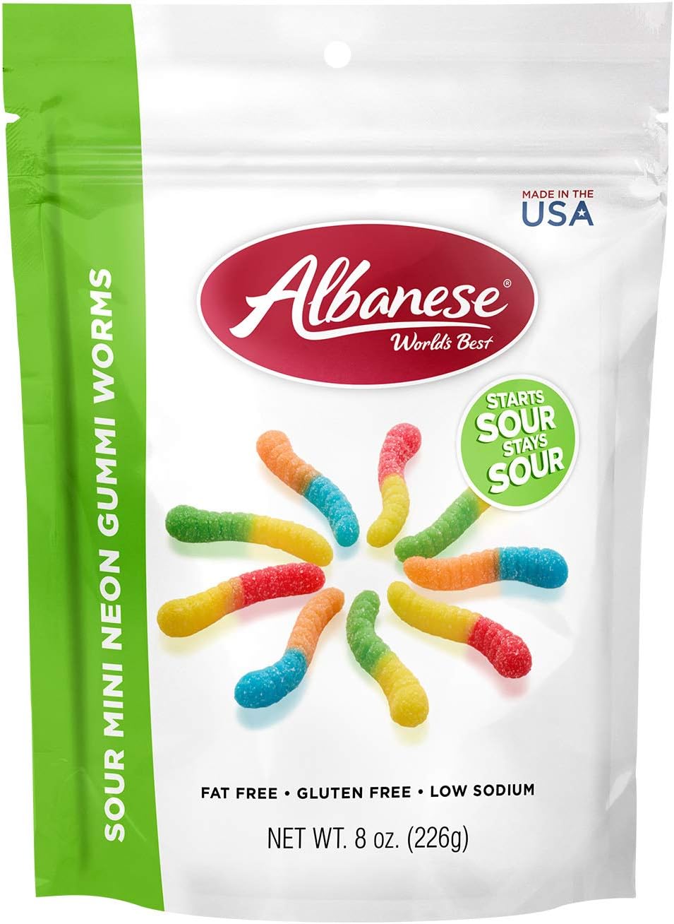Albanese sour mini neon gummy worms sweet and tart candy display