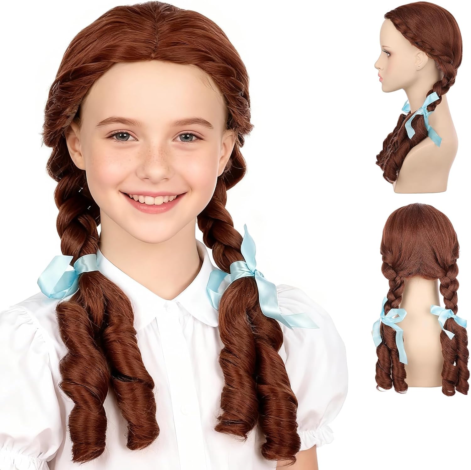 Onedor HairWiz 20 Inch Chocolate Brown Kids Wig front view showcasing long curly wavy brunette costume hair with braids