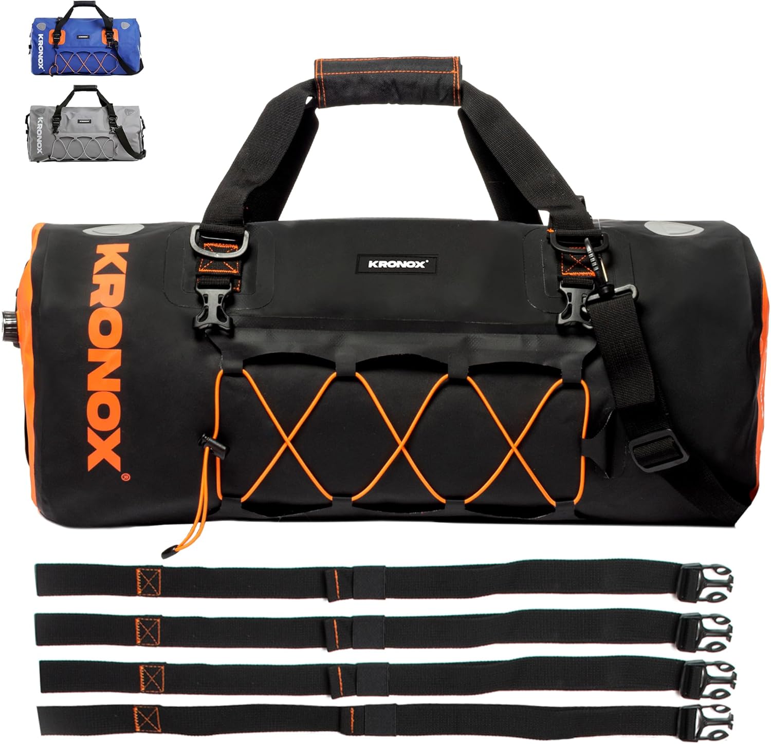 KRONOX Motorcycle Duffel Bag Waterproof 40L Black front view secured with bright orange bungee cord system