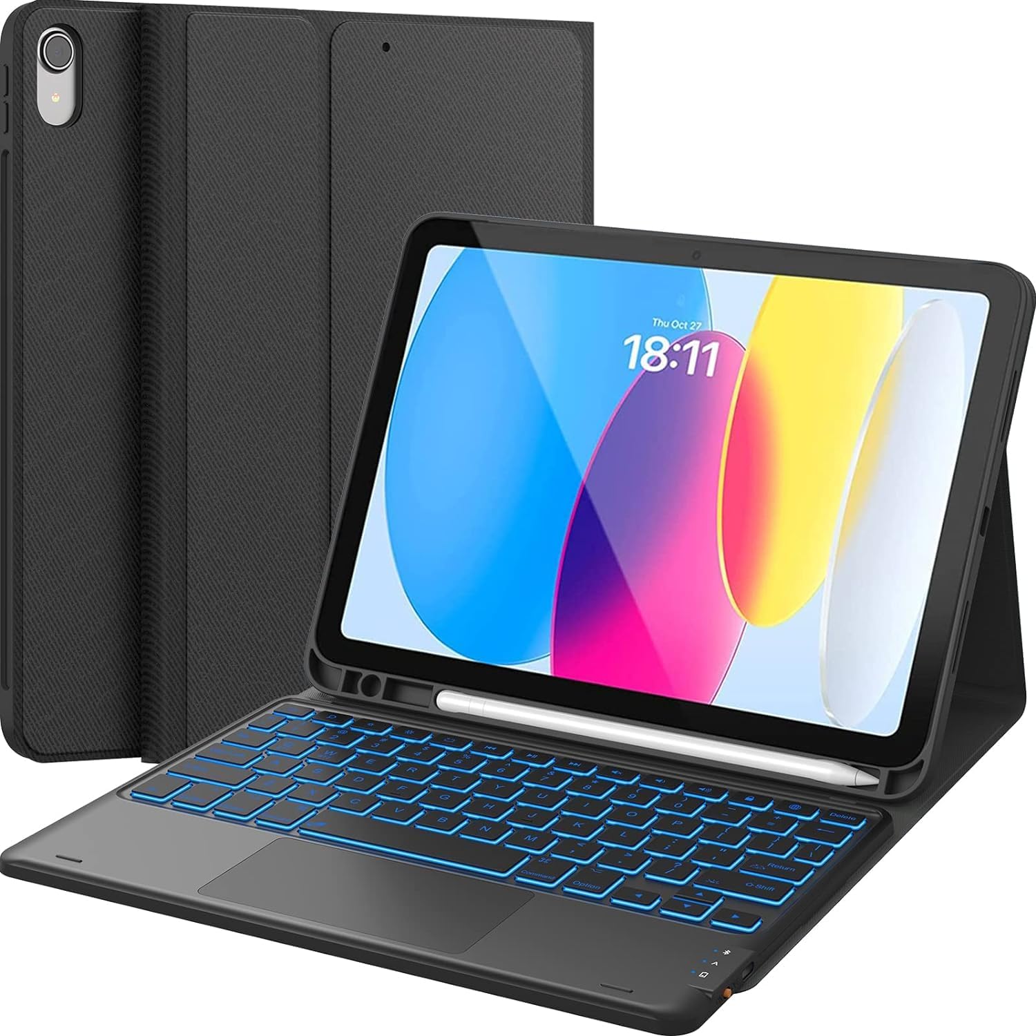 CHESONA iPad 10th Generation Keyboard Case front view showing the 7 color backlit keys.