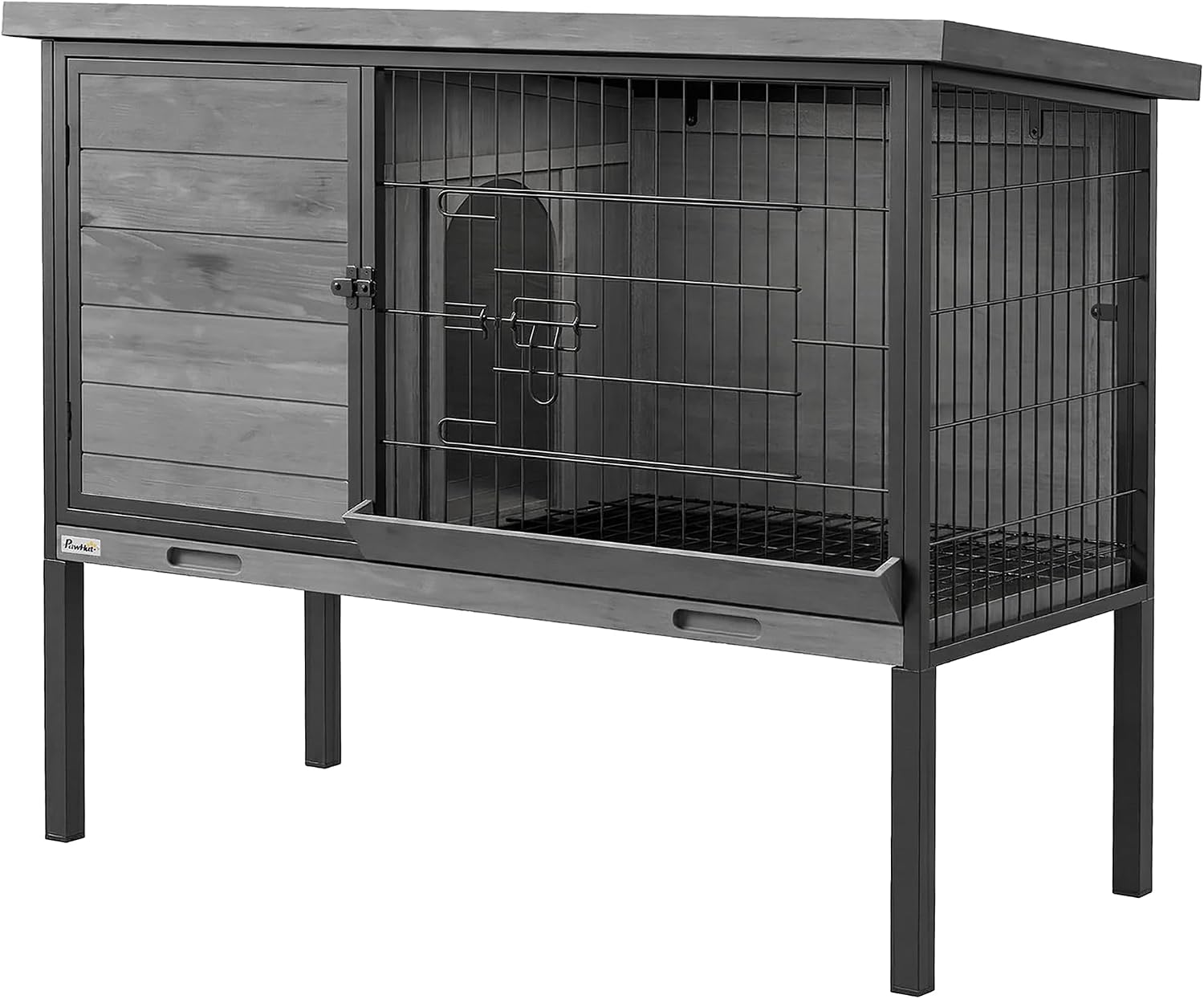 PawHut Elevated Rabbit Hutch with Pull-Out Tray, Wooden Bunny House Rabbit Cage for Outdoor Indoor Use, Openable Plastic Roof, Light Gray - Image 1