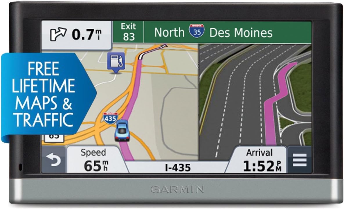 Garmin Nuvi 2557LMT portable vehicle GPS navigator front view showcasing the five inch touchscreen navigation display map screen