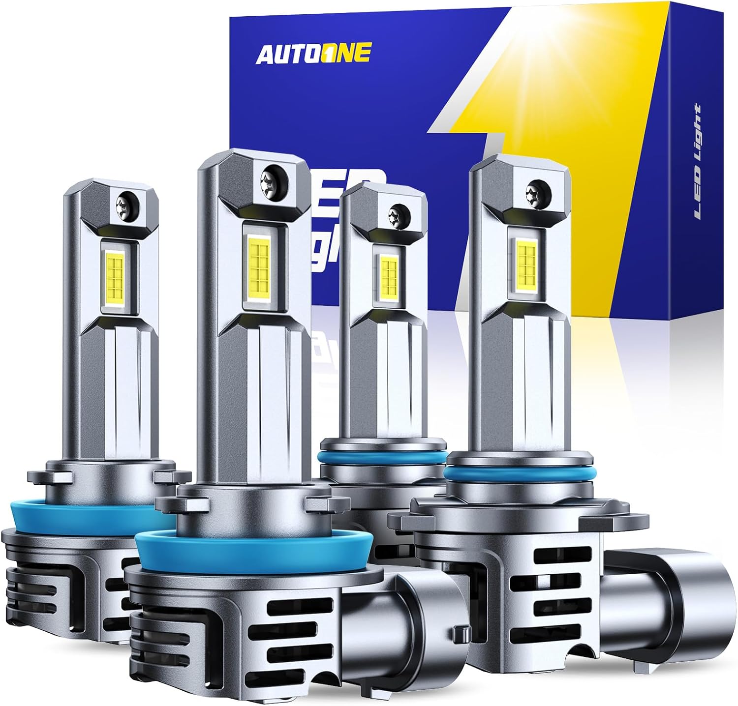 AUTOONE H11 9005 LED bulbs combo pack front view showcasing premium design and aluminum construction