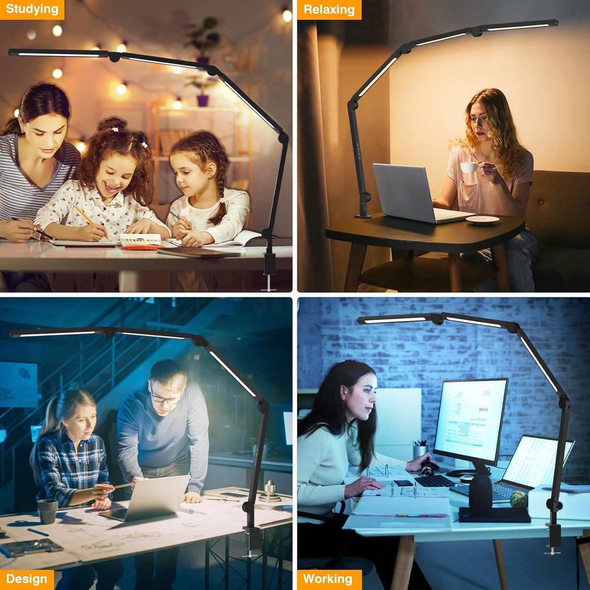 Ailbton architect lamp illuminating a multi-monitor workstation