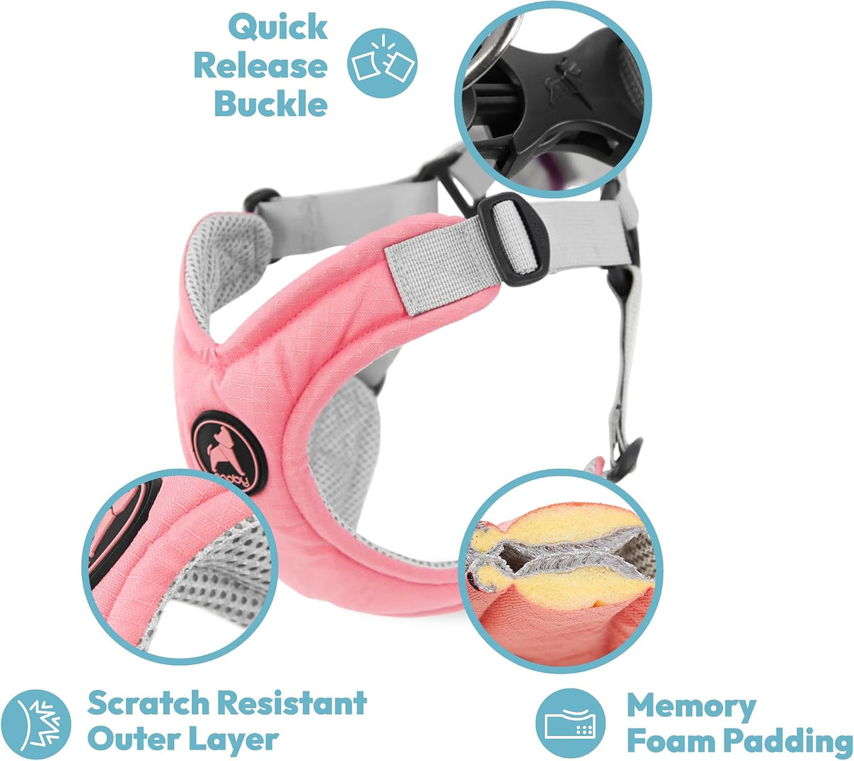 Gooby green dog harness showing memory foam padding and breathable mesh