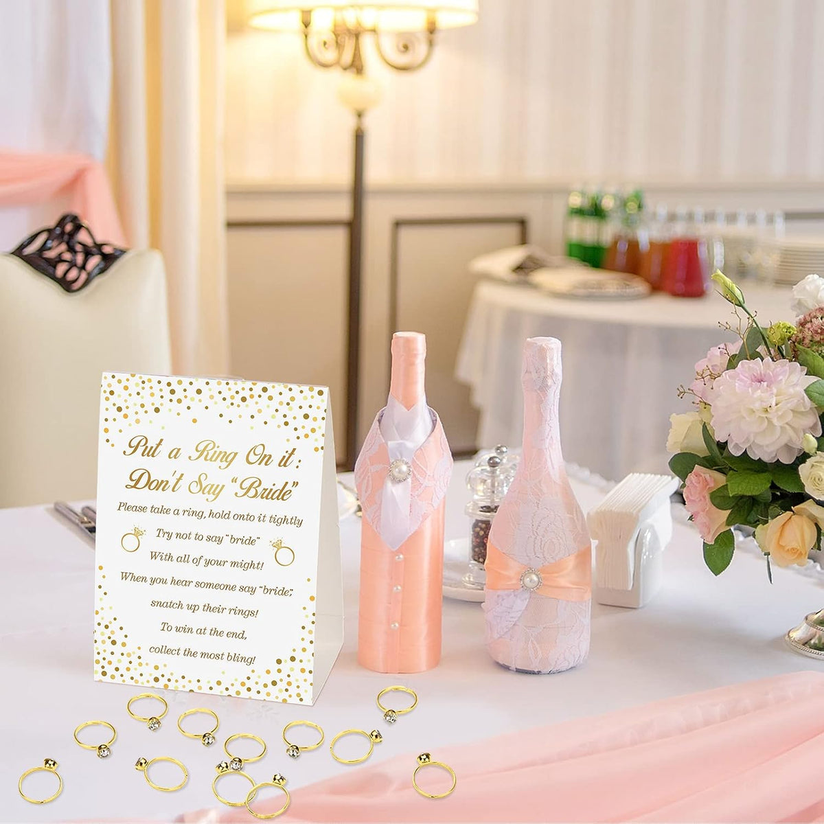 Metallic faux diamond rings included in Jetec bridal shower set