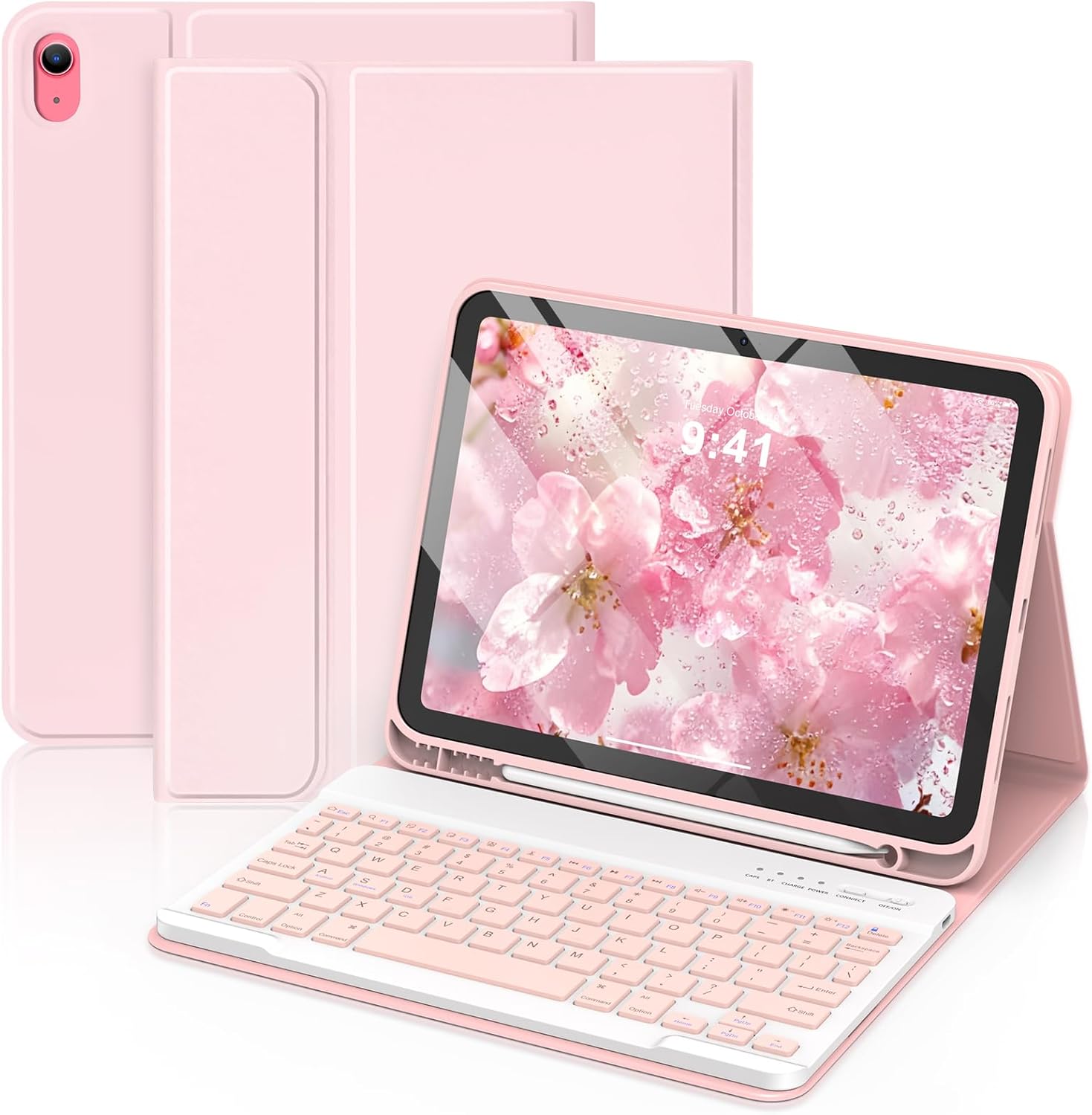 MMK iPad case with keyboard front view showing pink folio cover and detached wireless keyboard layout