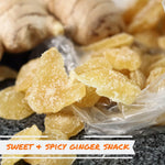 Sweet and spicy candied ginger root slices coated in sugar crystals