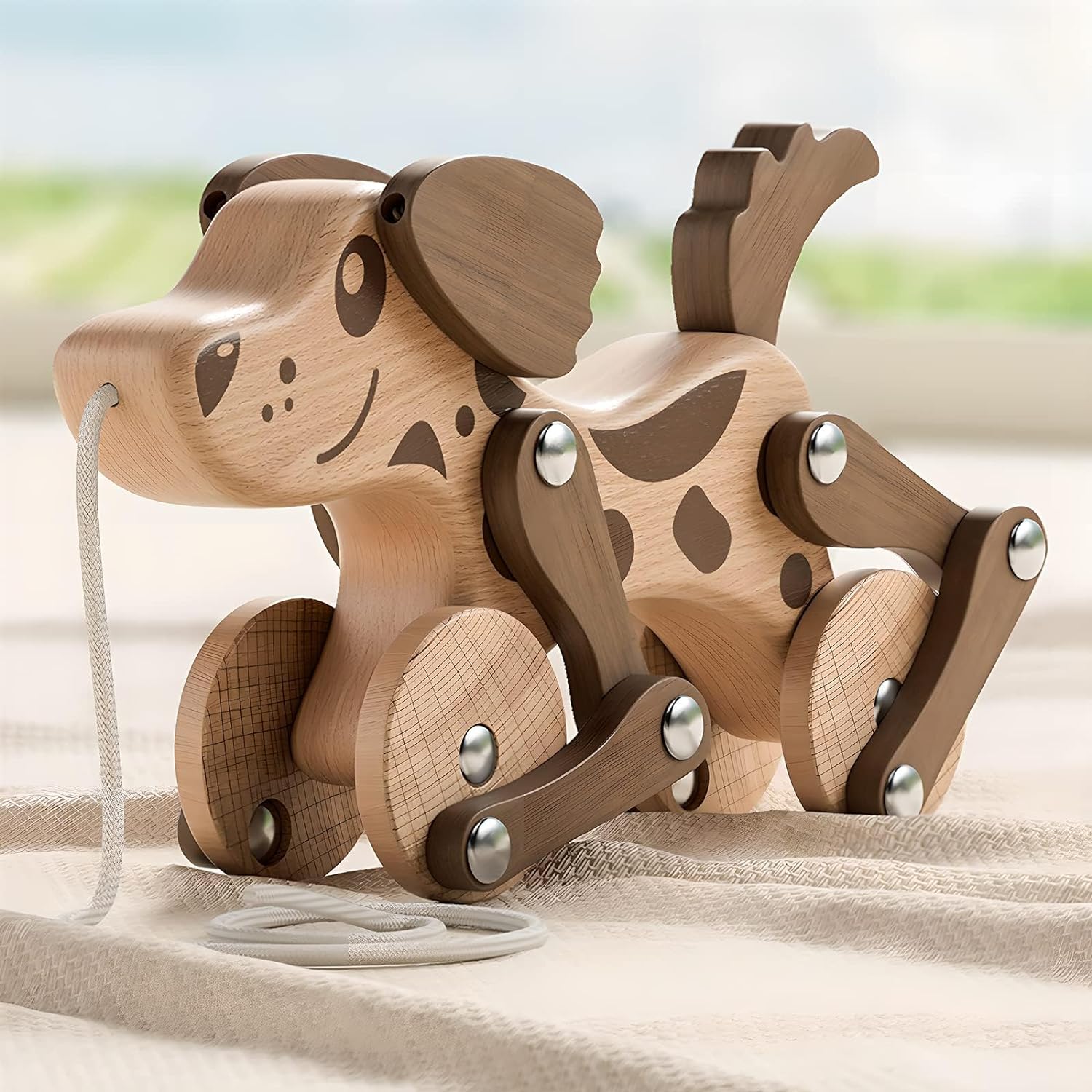 LKyoxs Montessori wooden walking pull dog toy front view