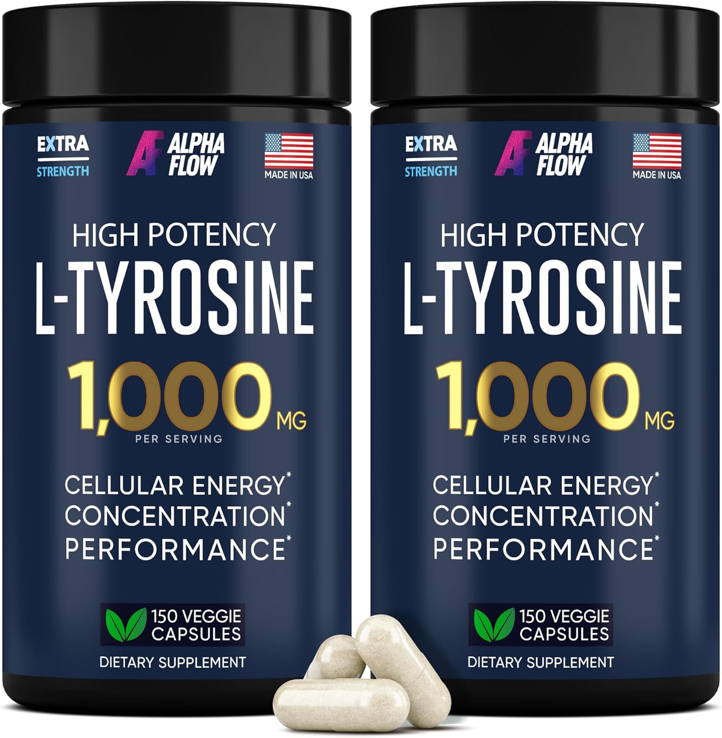 Alpha Flow L-Tyrosine capsules front view dietary supplement