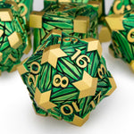 Textured finish and silver numbering on ORIFANTOU green dice