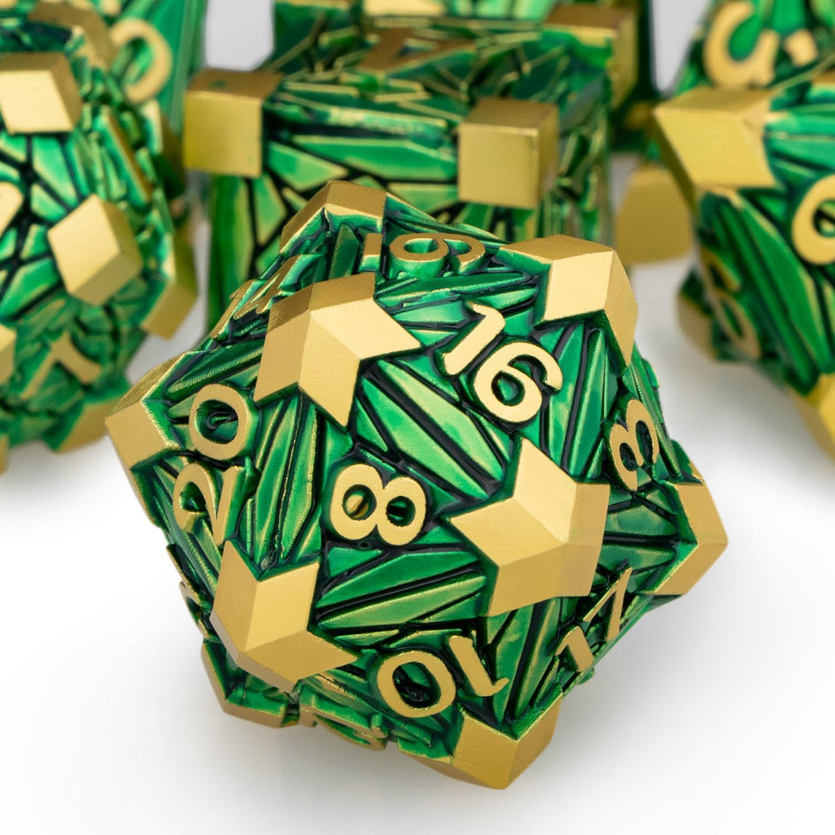 Textured finish and silver numbering on ORIFANTOU green dice