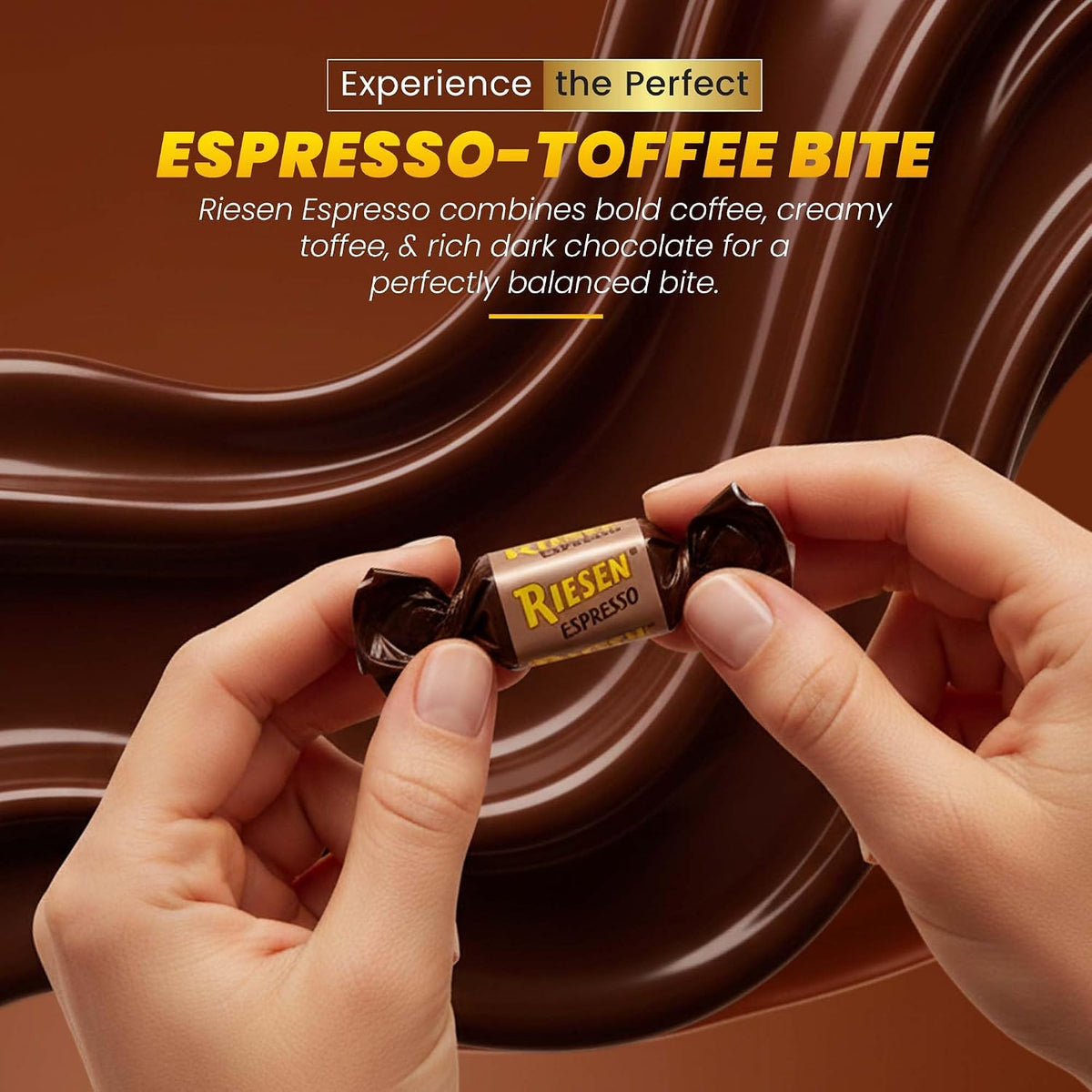 Unwrapped Riesen Espresso caramel chew displaying the rich European dark chocolate outer coating.