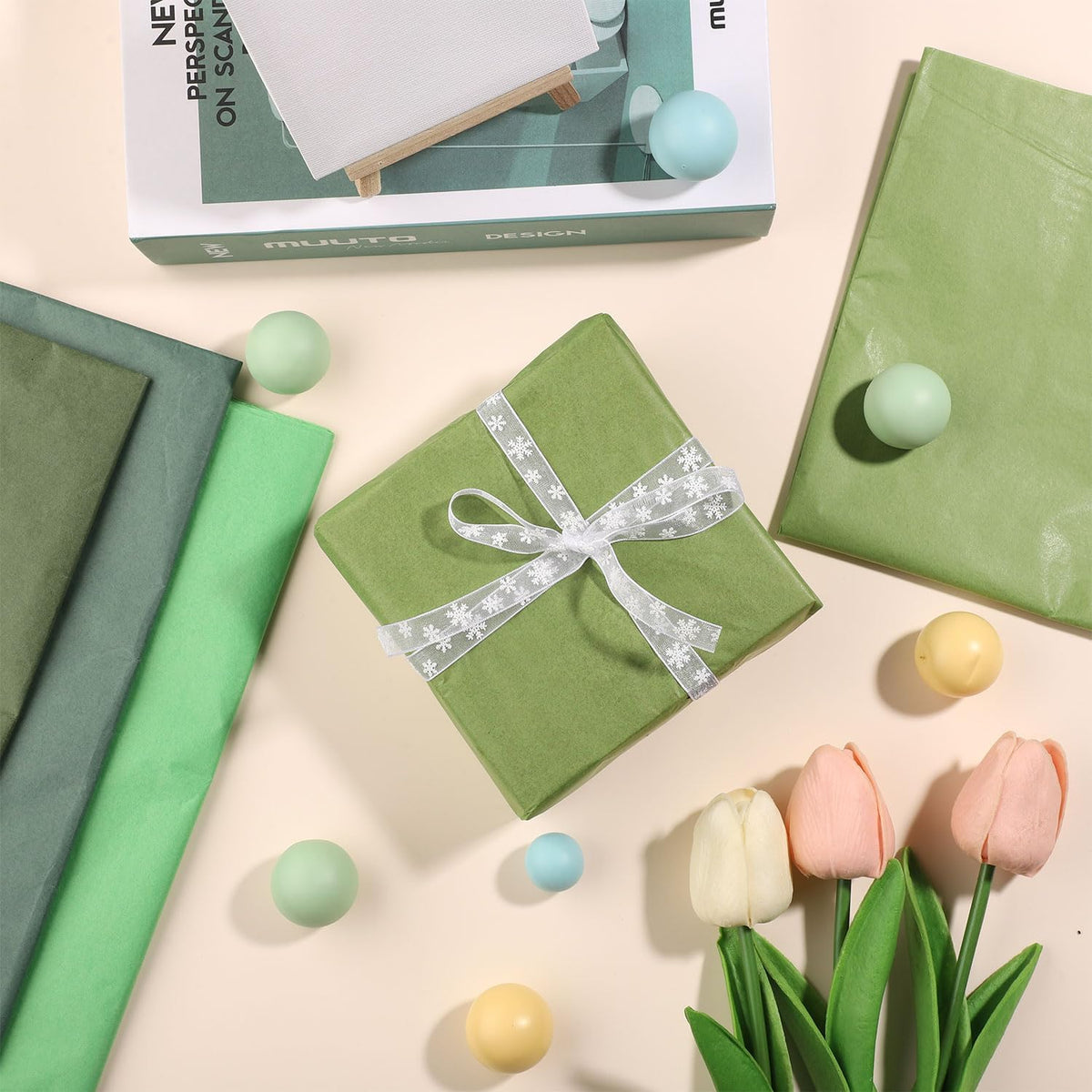 Tinoaly green tissue paper used for gift wrapping demonstration