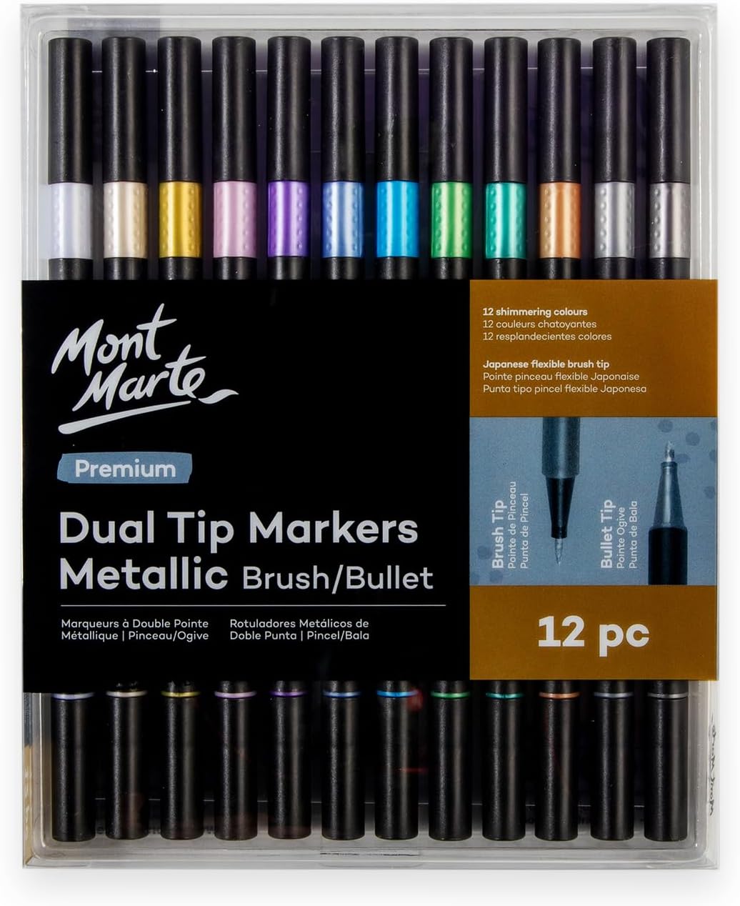 Mont Marte dual tip markers metallic brush bullet front view packaging