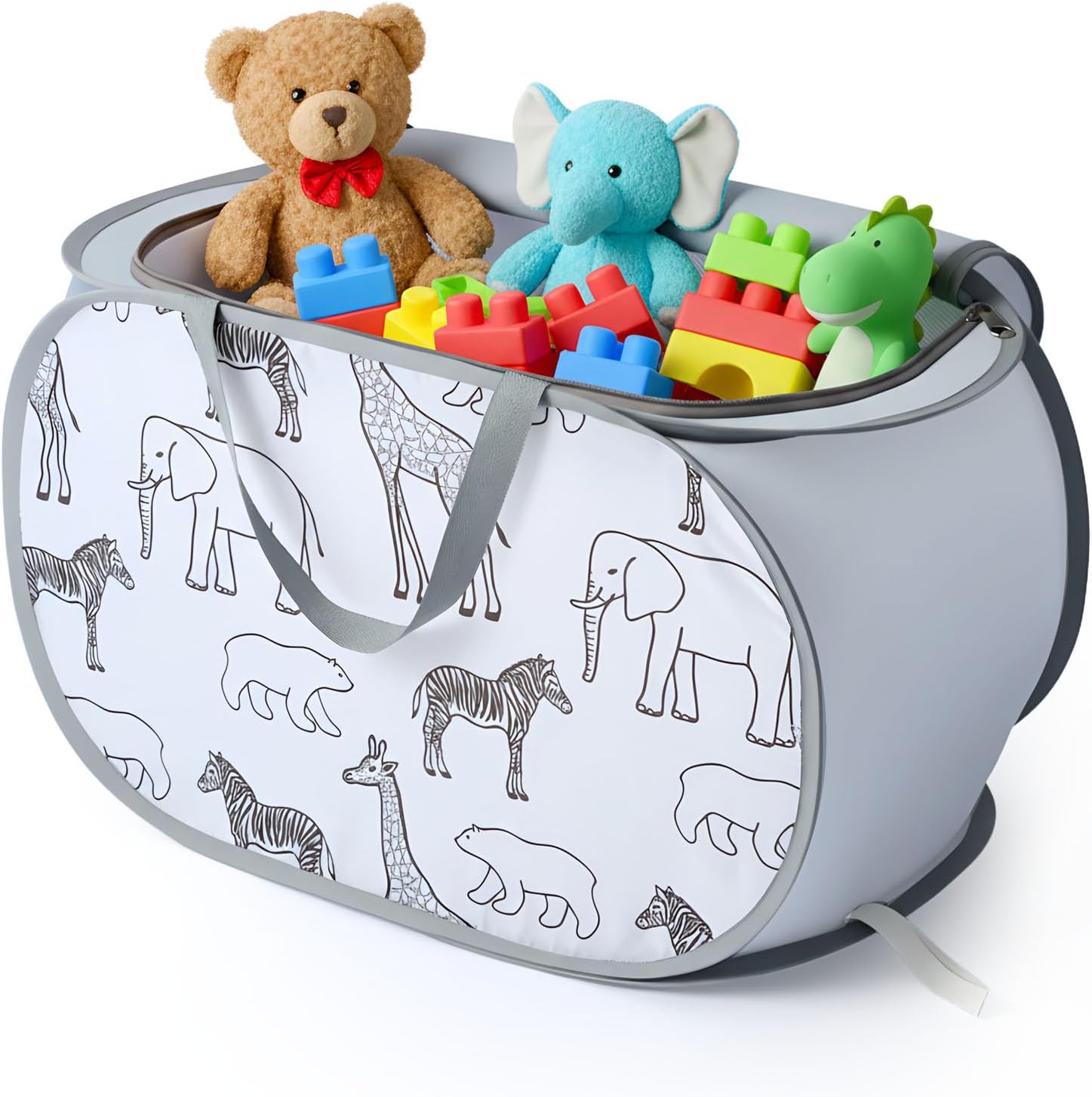 Seefoo Foldable Toy Storage Basket front view showing gray animal print and zippered lid