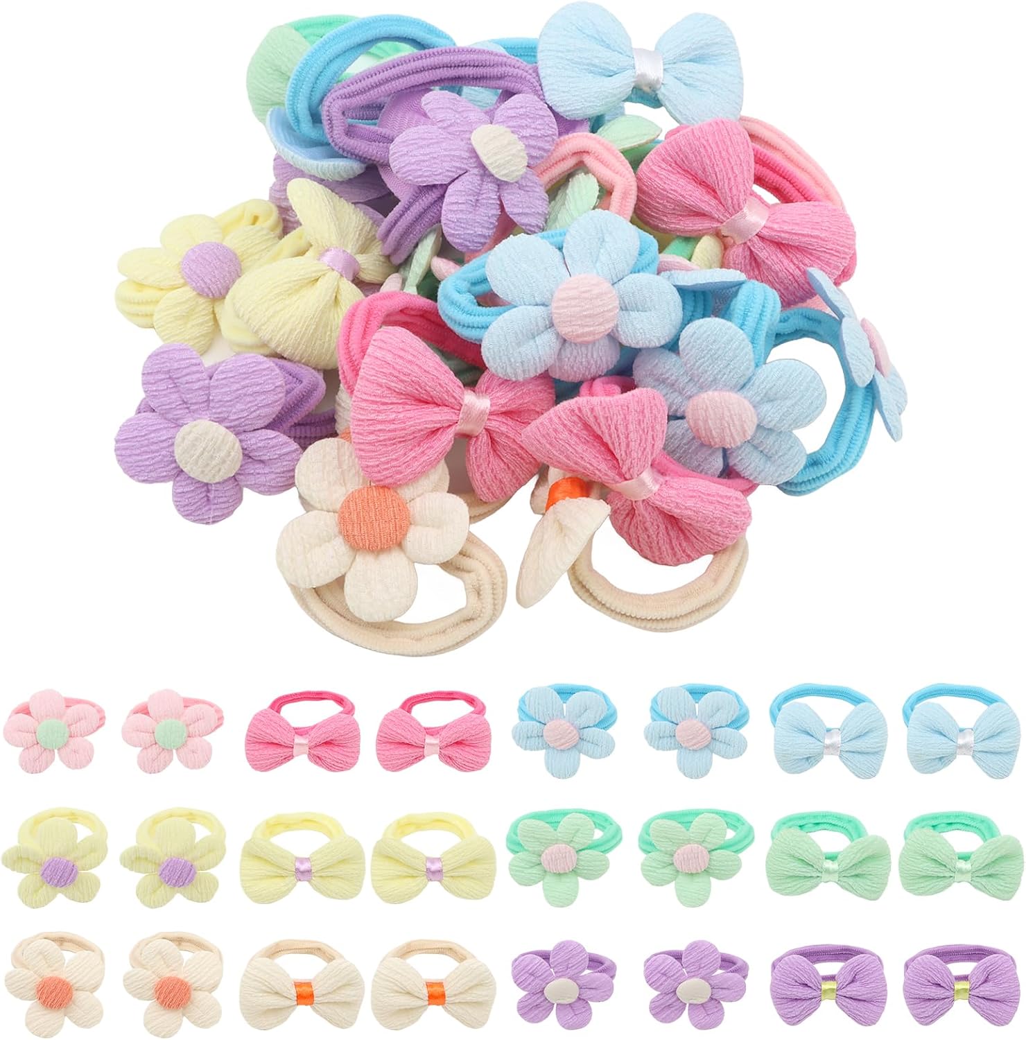 Cavetee 36 piece toddler hair ties with colorful flower and bow designs front view