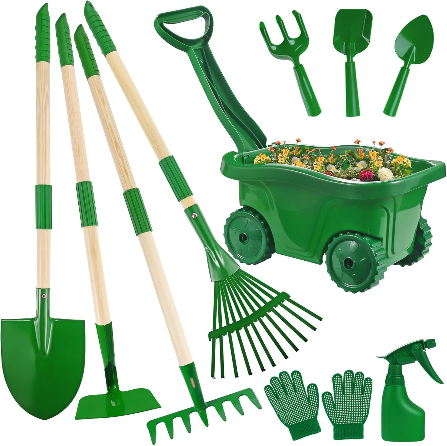 Duckura Kids Gardening Tools Set front view displaying green wheelbarrow and wooden shovels