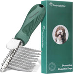 Freshly Bailey Dog Dematting Comb front view showing green ergonomic handle