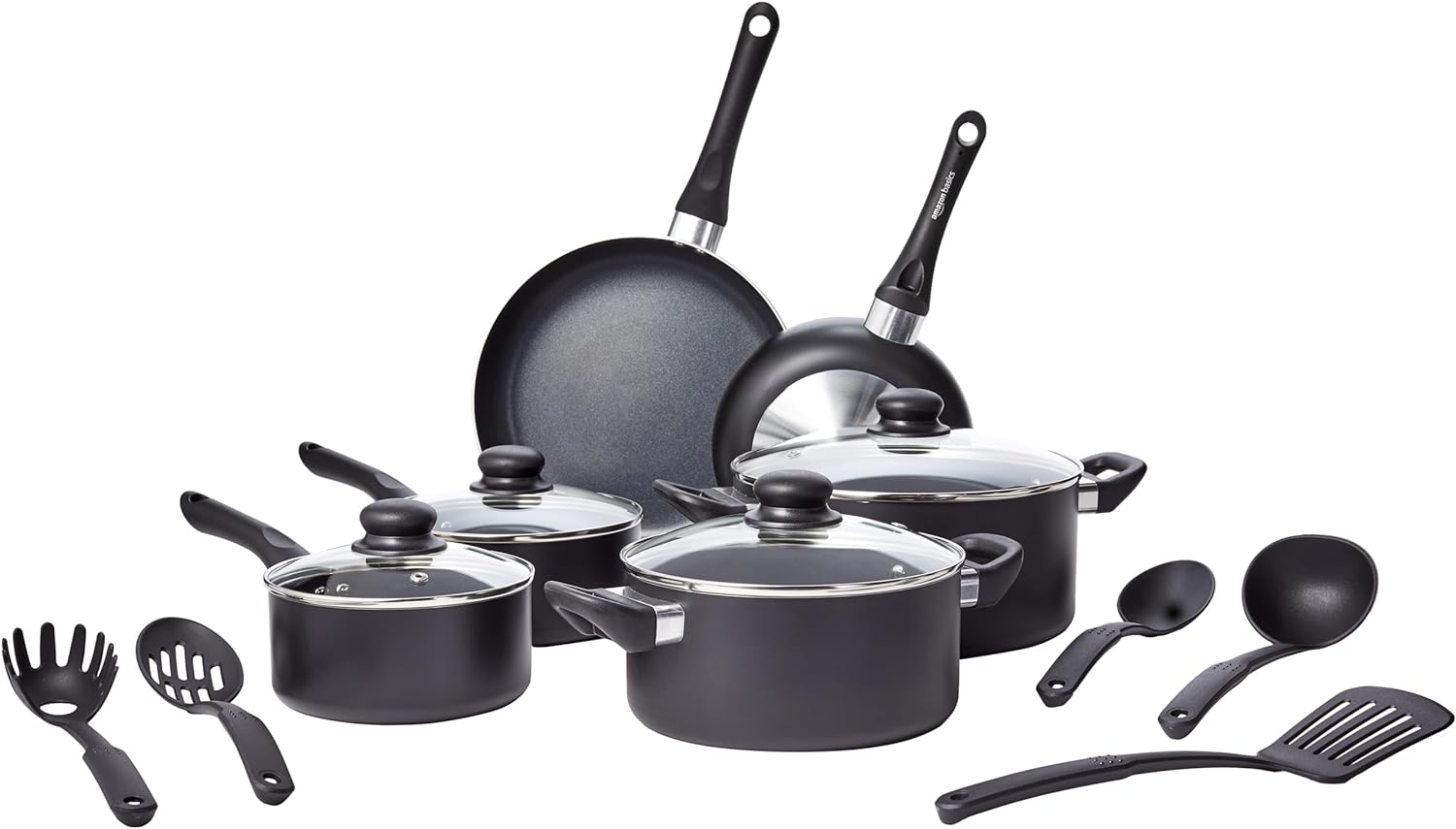 Amazon Basics non-stick cookware 15-piece set front view kitchen pots and pans
